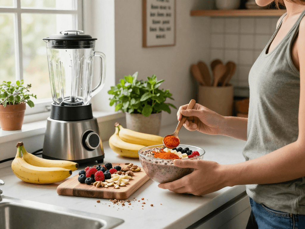 Preparing a smoothie bowl with natural astaxanthin in a bright, healthy kitchen