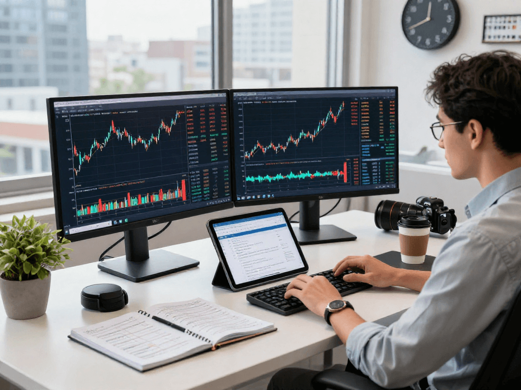 Developer analyzing Nasdaq stock data feed in a modern workspace with multiple monitors and trading strategies.