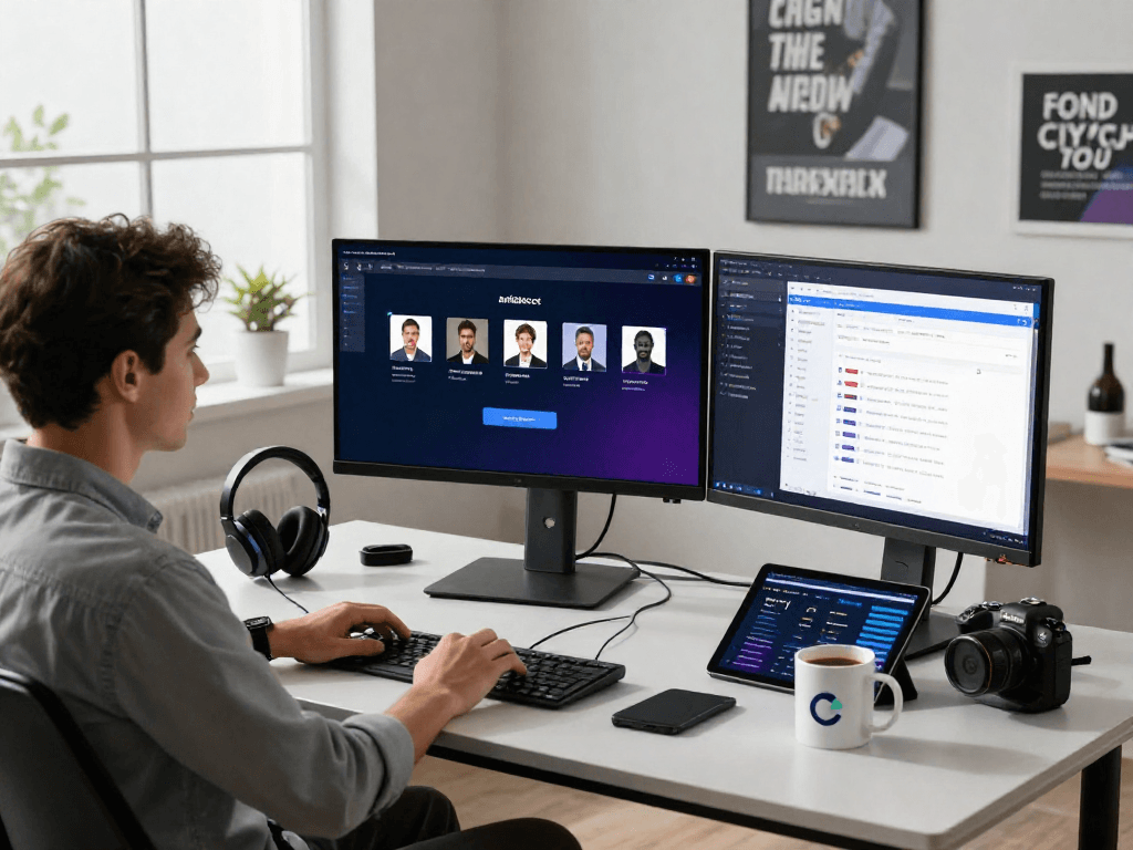 A professional using an antidetect browser on multiple monitors in a modern tech workspace.