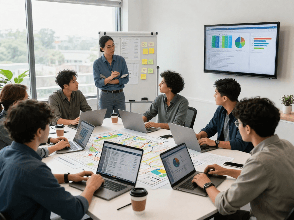 Engaging team strategizing political direct mail services using data analytics in a bright office.