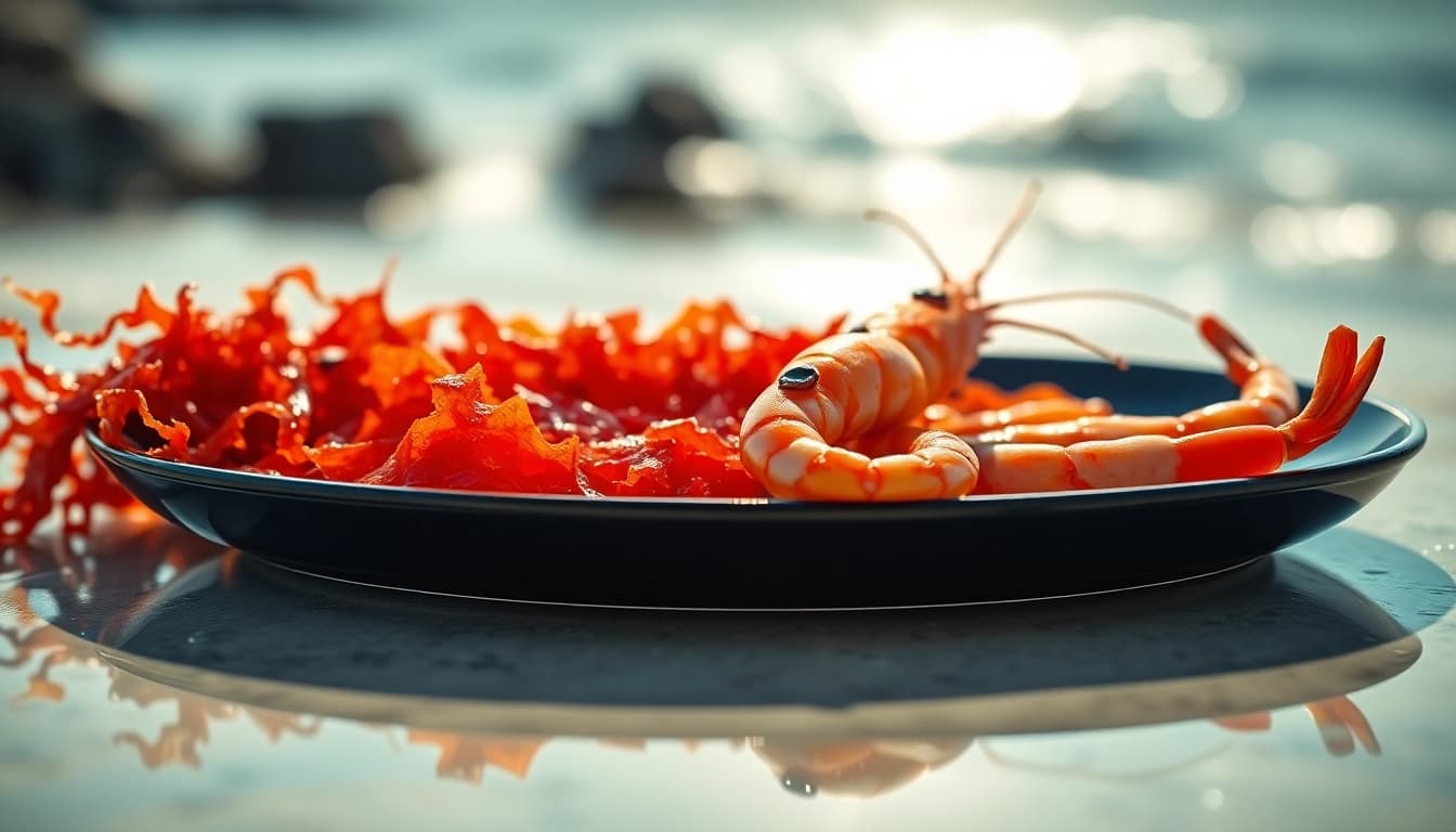 Showcasing astaxanthin-rich shrimp and seaweeds on a glossy plate, highlighting their vibrant colors.
