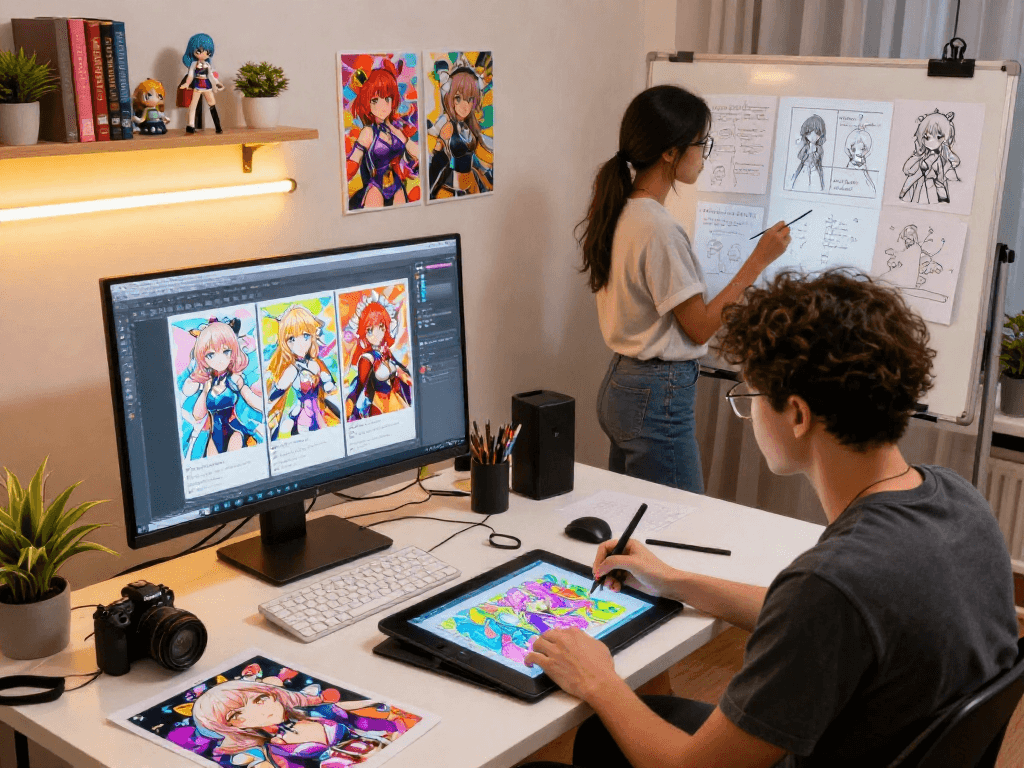 Creative digital artists collaborating on character designs for hentai ai chat in a vibrant studio.