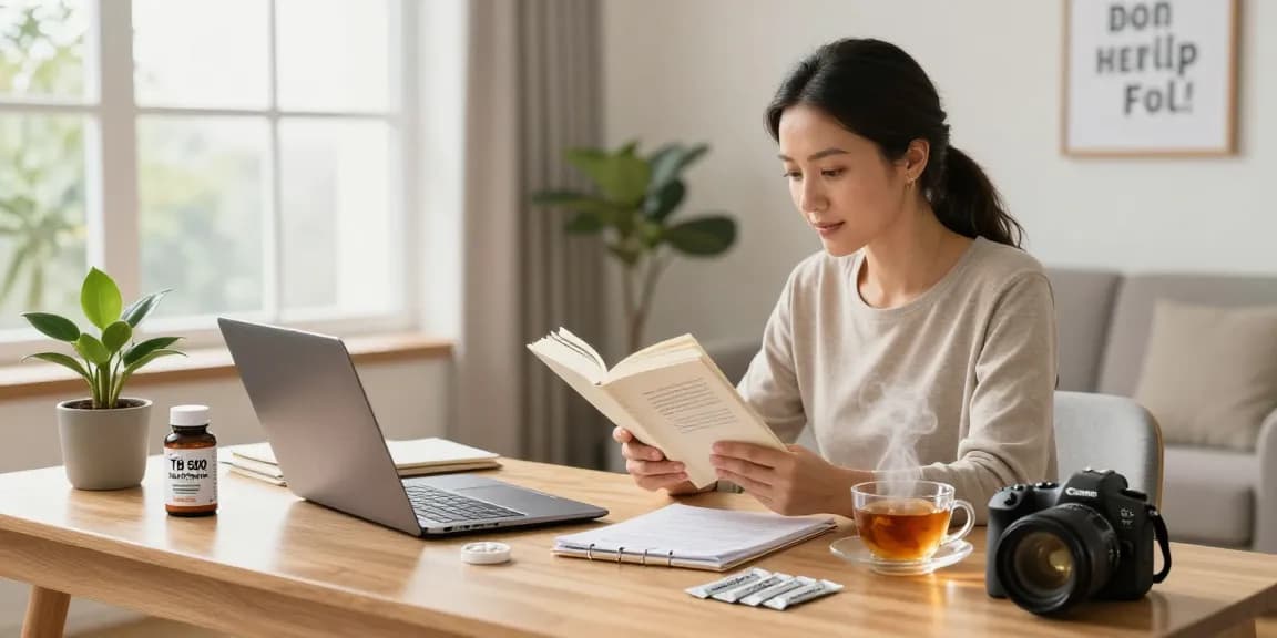Learn TB 500 benefits in a cozy home office setting with supplements and wellness inspiration.